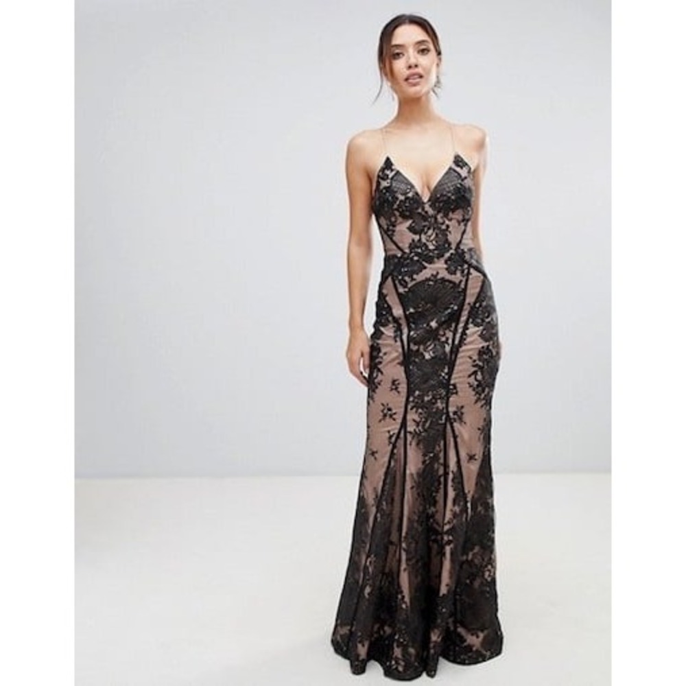 Bariano Black Nude Lace Mermaid Maxi Dress Prom Formal Strappy Back Gown US 2